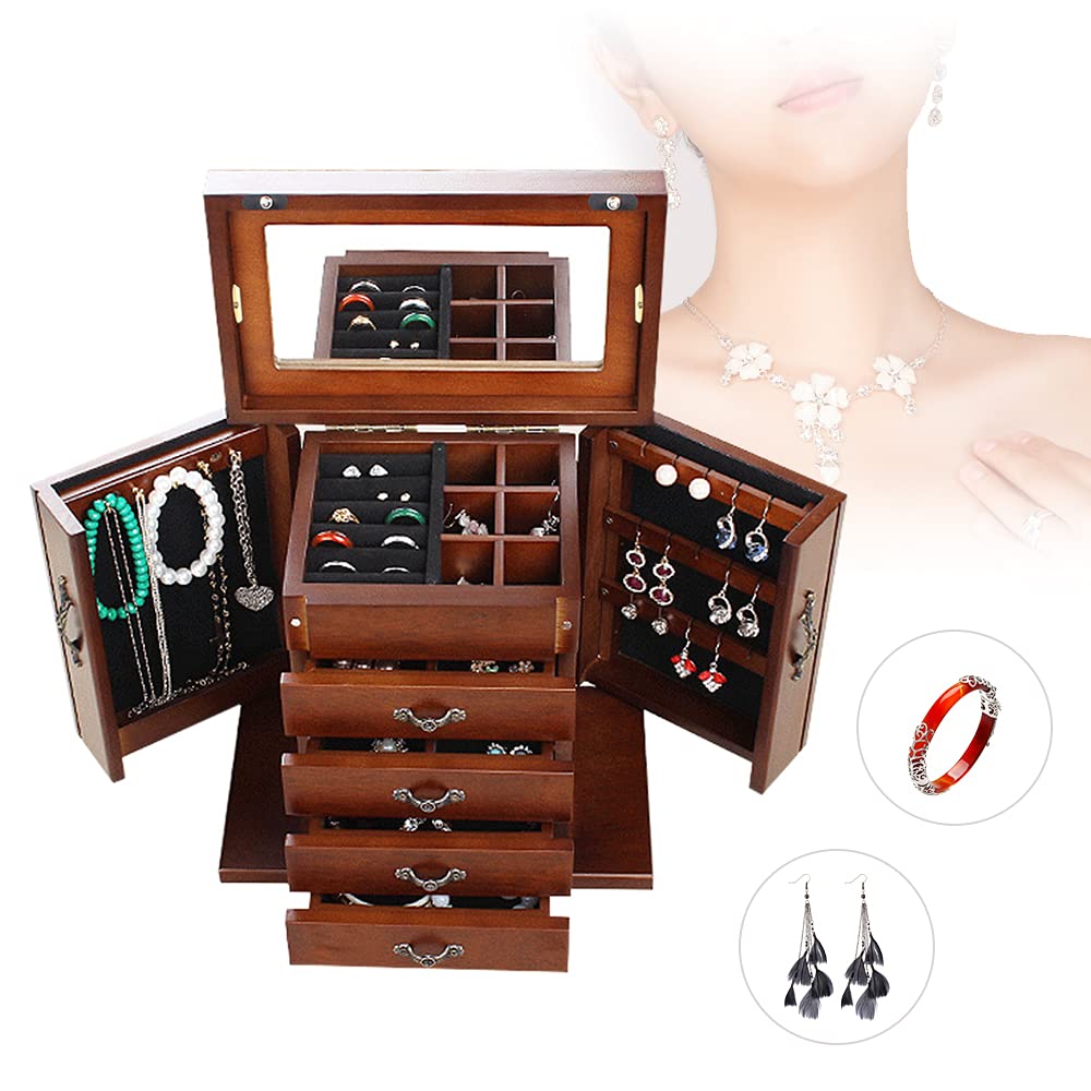 Futchoy Joyero de madera con 4 cajones y espejo para pendientes, pulseras y anillos