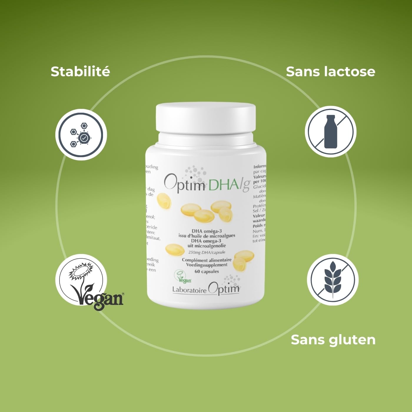 OPTIM DHAlg Oméga 3 DHA Vegan 250 mg, 60 gélules | Huile de microalgues Schizochytrium, Sans poisson, Vegan Society, Cerveau & Vision