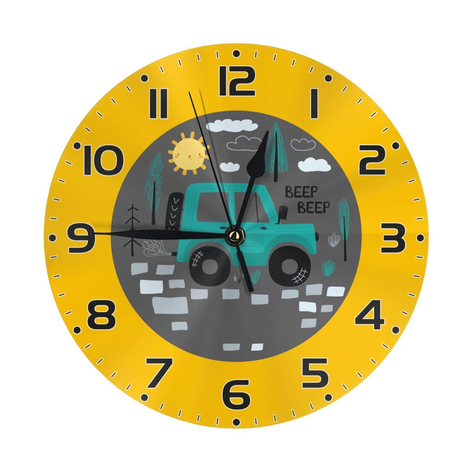 Cute Car Off Road Kids Wall Clock 10 Inch Silent Non Ticking Easy to Read Children's Wall Clock Boys Girls Decorative for Kids Room Bathroom Playrooms Nursery Room