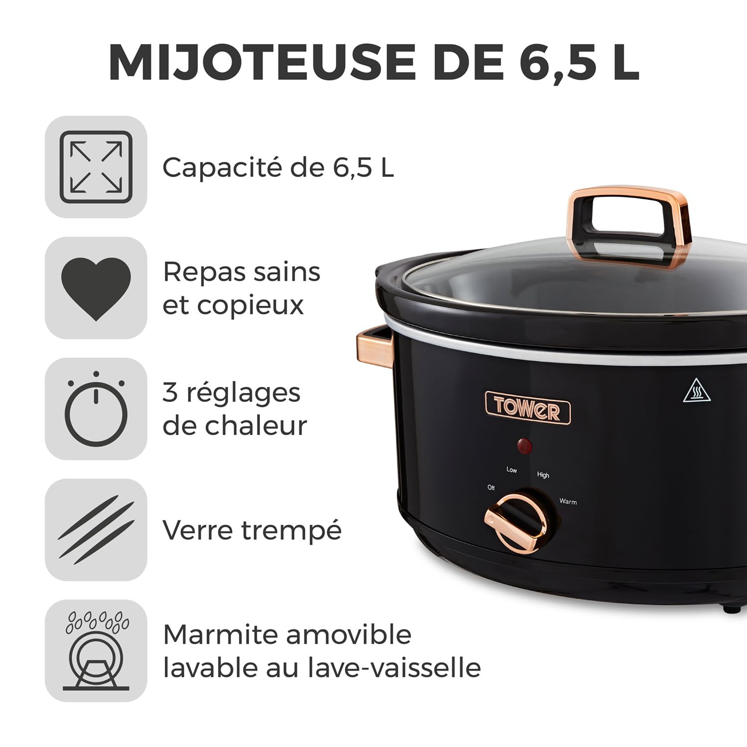 Tower T16019RG Infinity Mijoteuse Électrique - Mijoteuse - Poêle Électrique avec 3 Réglages de Chaleur et Fonction Maintien au Chaud - 6,5 L - 270 W - Noir et Or Rose