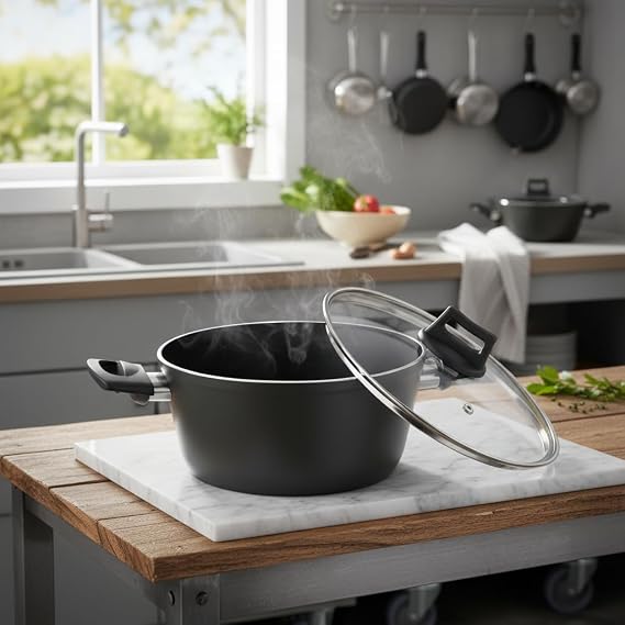 Papilla Buzz 22 cm Derin Tencere - Yeşil Siyah Granit Efektli Yanmaz Yapışmaz Cam Kapaklı Yemek Tenceresi