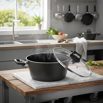 Papilla Buzz 22 cm Derin Tencere - Yeşil Siyah Granit Efektli Yanmaz Yapışmaz Cam Kapaklı Yemek Tenceresi