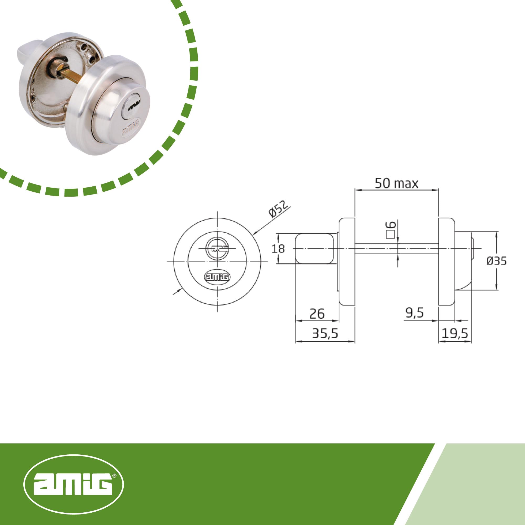 Amig - Muletilla de Diseño Contemporáneo Modelo 46R-KD en Zamak con Acabado Cromado Mate - Ø52 mm - 3 Llaves de Puntos para Privacidad - Cuadradillo de 6 mm - Ideal para Puertas de 35-45 mm de espesor