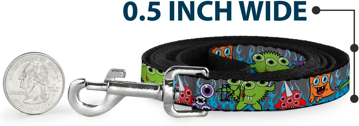 Buckle-Down Pet Leash - Cute Monsters Gray/Flame Blue - 6 Feet Long - 1.5" Wide