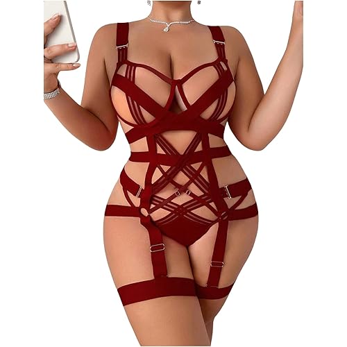 WDIRARA Women's Exotic Strappy Harness Hollow Out Underwired 4 Piece Lingerie Set