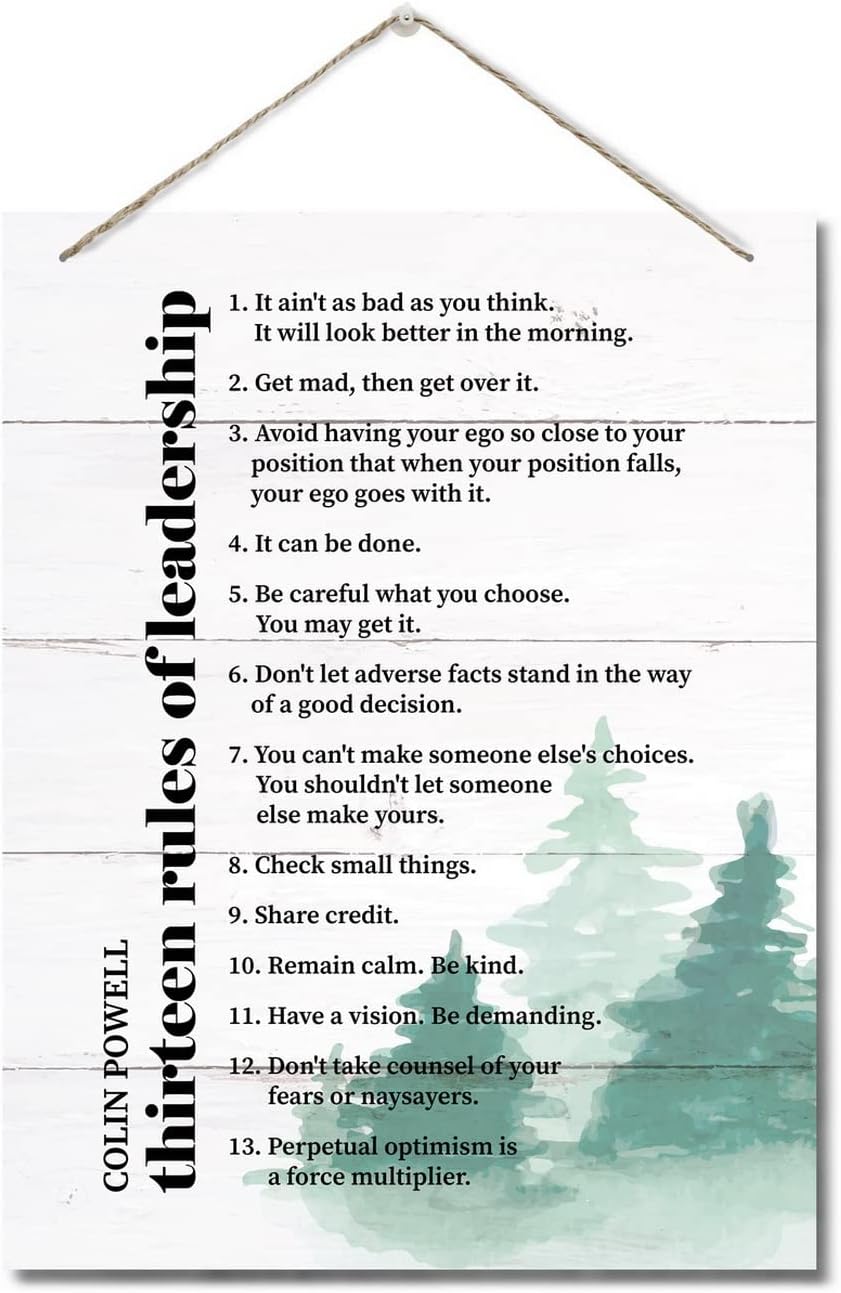 Colin Powell Decor Sign, Hanging Printed Wall Plaque Wood Signs, Inspiration Thirteen Rules of Leadership Quote, Leader Home Office Decor, Gift for Leadership Office Classroom College Decor 10X7.8inch