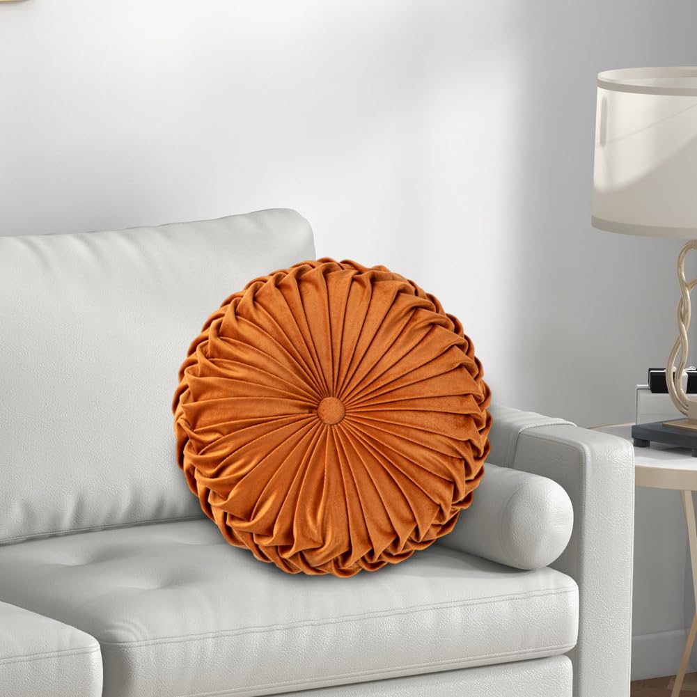 JOYWU Round Pleated Throw Pillow with Center Button,35cm 3D Pumpkin Velvet Pillow Cushion for Couch Chair Bed Car,Pumpkin Boho Chair Cushion,Pleated Design Round Floor Pillows,1 Pcs (Orange)