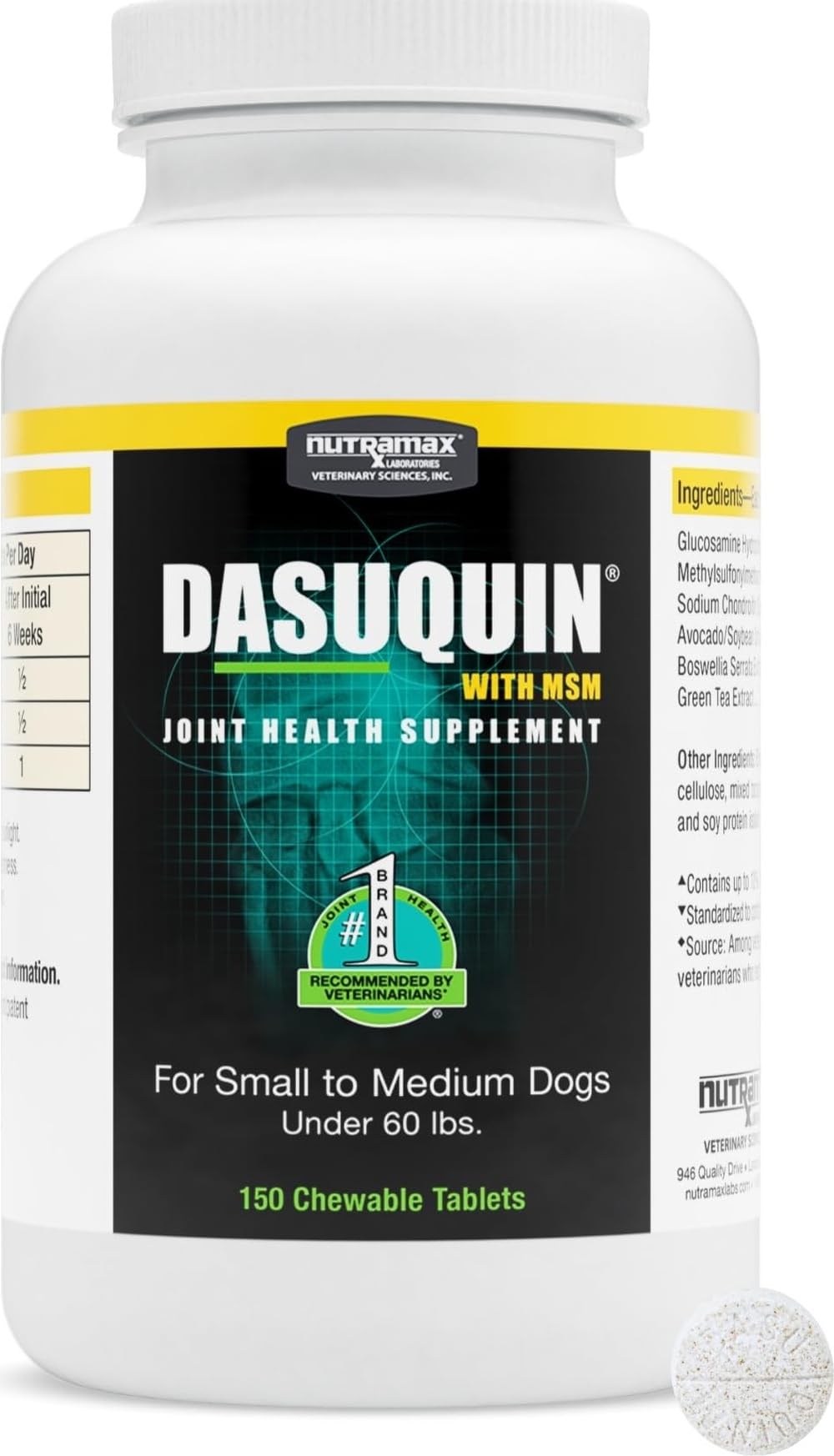 Nutramax Dasuquin MSM Joint Supplement, Small/Med Dogs, Chew Tablets150ct | Glucosamine and Chondroitin, Chewable Tablets for Dogs under 60 lbs, ASU & MSM, Supports Healthy Joints, All Ages Small/Medium Dog