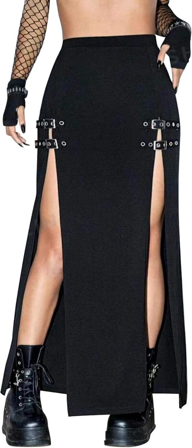 Black Punk Gothic Rave Maxi Skirts with Double Buckle Split for Women Long Goth High Waist Club Party Slit Skirt