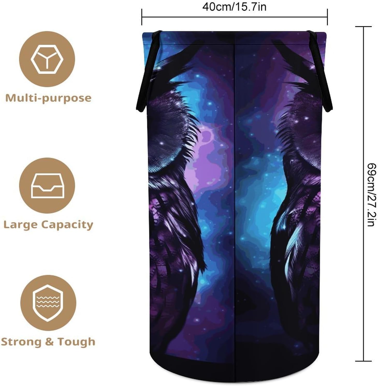 Purple OwlLaundry Hamper - Large Dirty Clothes Bag.Storage Basket for Easy Carry Handles. Large Clothes Basket with Handles, Clothing Storage Bucket Toy Organizer for Bathroom Bedroom Dorm.