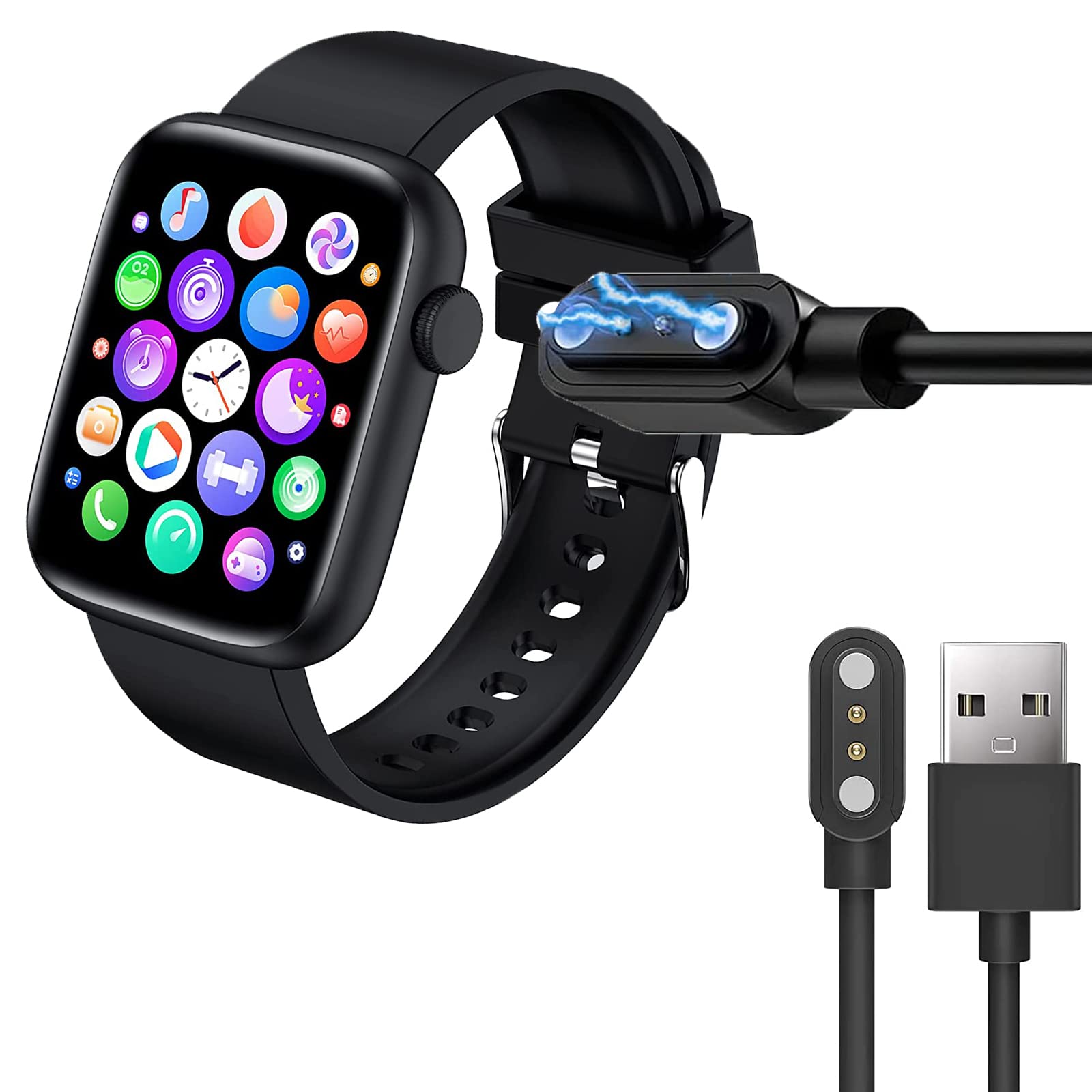 Compatible for WM Welly Merck Smart Watch Charger, Lamshaw 2 Pin Magnetic USB Replacement Charging Compatible for Compatible with WM Welly Merck T13 1.9 Full Touch Screen Smart Watch (Black+Black)