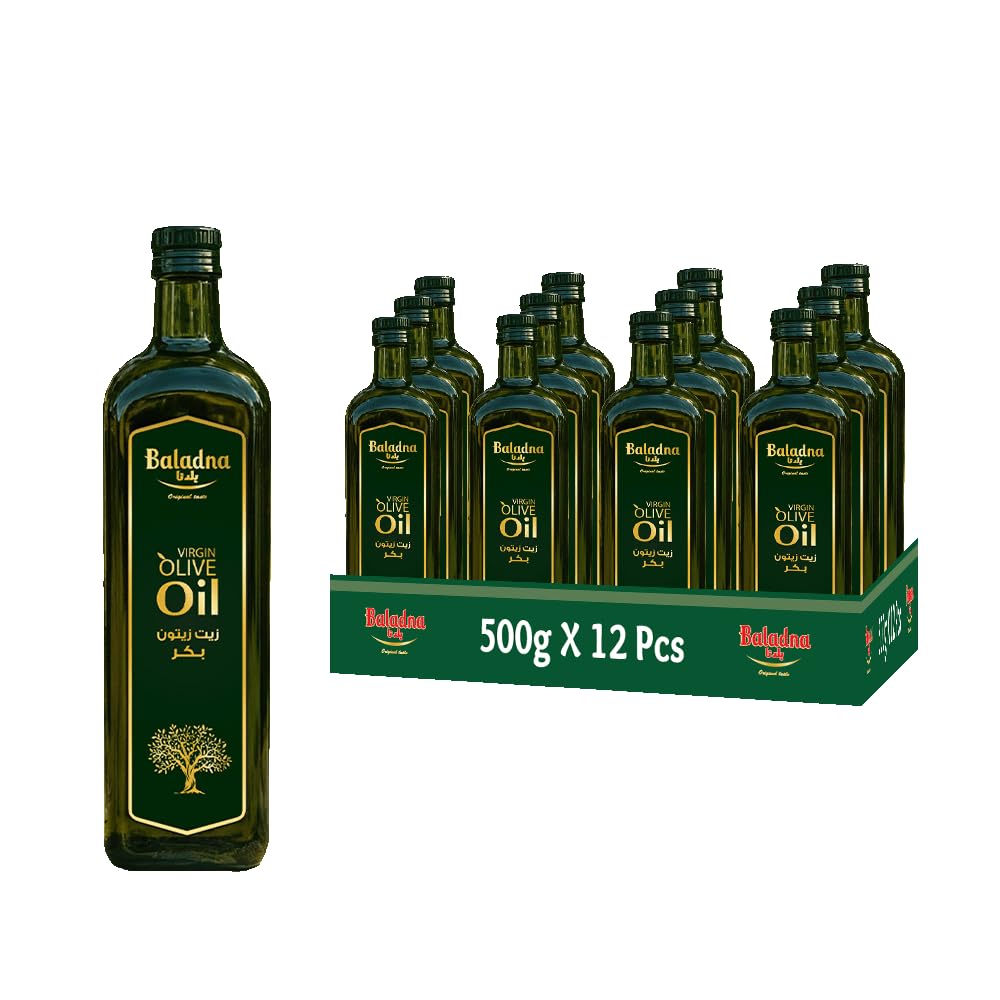 Baladna Natives Olivenöl Extra 500 g x 12 | Kaltgepresst | Ideal für Salate, Würzen, Marinieren & Kochen | Vegan | Glutenfrei | Halal | Keto | Auch zur Pflege von trockenem, sprödem Haar geeignet