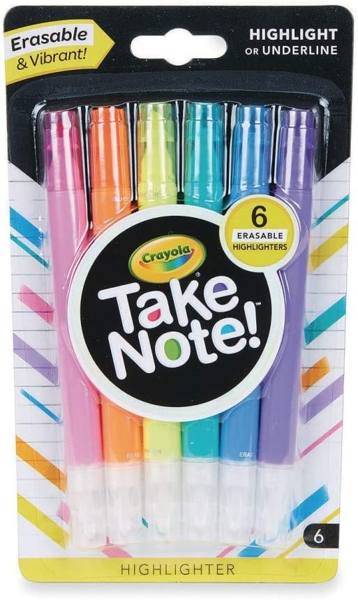 Crayola Take Note Erasable Highlighters, Cool School Supplies, Chisel Tip Markers, 6 Count, Pack of 6