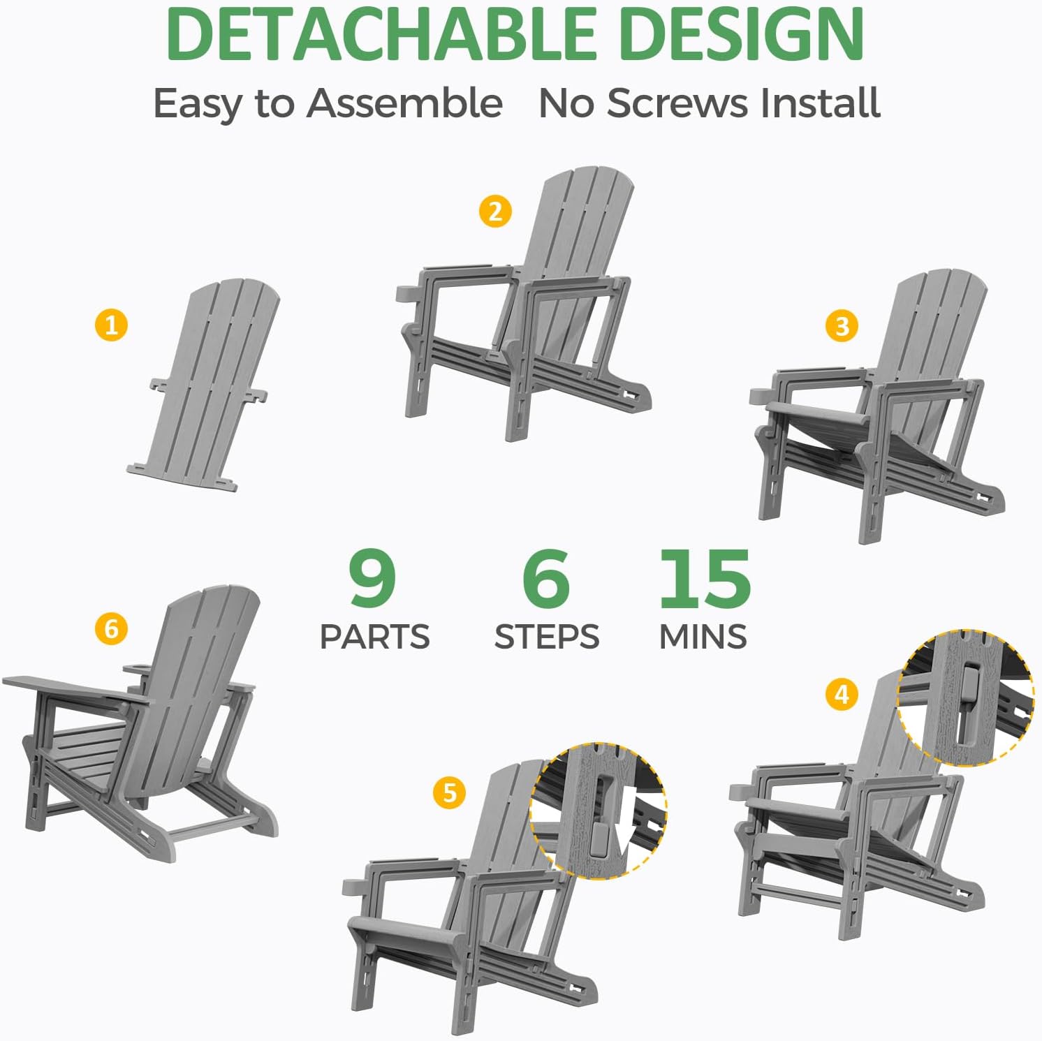 Modern Adirondack Chair, HDPE Plastic Adirondack Chairs, Plastic Outdoor Lawn Chairs for Fire Pit, Deck, Porch, Backyard, Garden, Grey