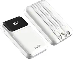 Basike Power Bank, Carregador Portátil Universal 10000mAh, USB-A(até 22.5W)+USB-C(até 20W) com 3 Cabos Integrados (USB-C, USB, Lightning) Carregamento Rápido, Led Indicador de Bateria (Branco)