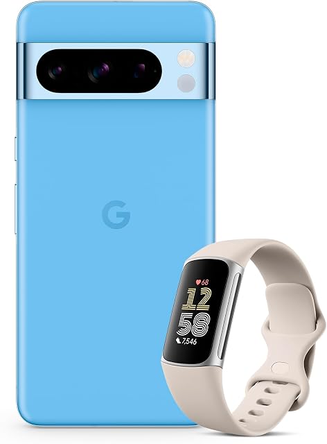 Google Pixel 8 Pro  Unlocked Android Smartphone with telephoto lens  Bay, 128GB + Fitbit Charge 6 Activity Tracker - Porcelain/Silver Aluminium