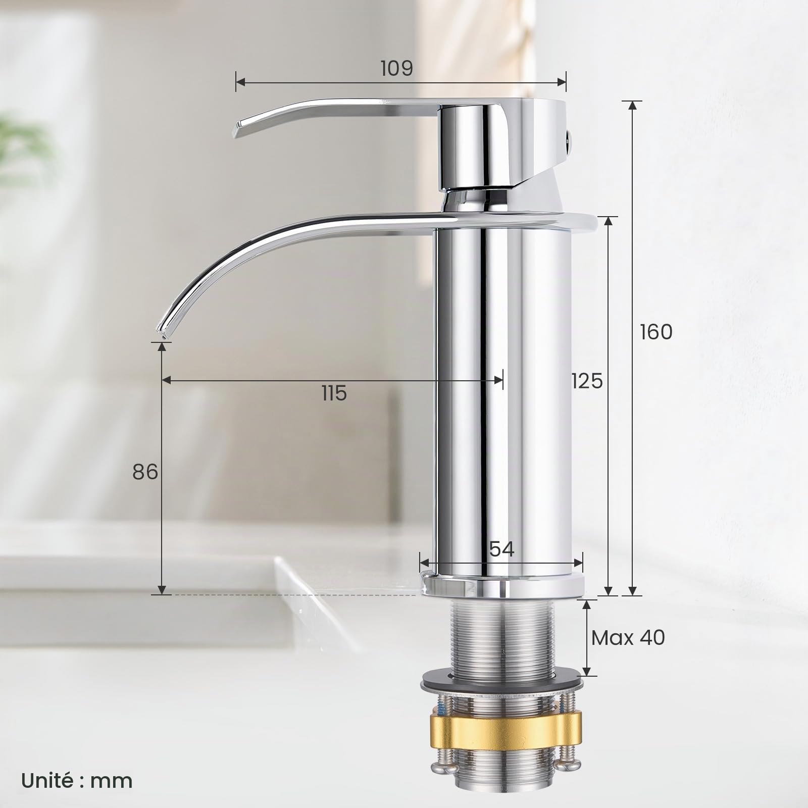 CECIPA Robinet Salle Bain, Moderne Mitigeur Lavabo Cascade, Hauteur de Bec 86 mm, Robinetterie Chromé G 3/8, Eau Chaude et Froide Disponible, Acier Inoxydable
