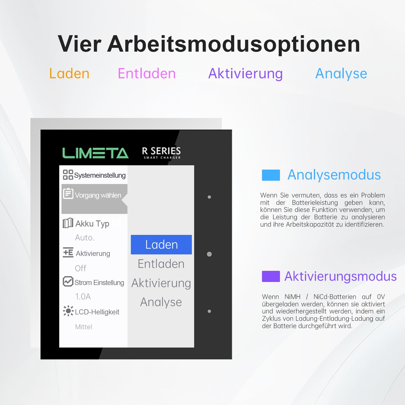 LIMETA R8 Akku Ladegerät für AA und AAA Batterien, 8-Slot Batterieladegerät mit USB Typ-C QC3.0 Schnellladefunktion und LCD Display, Automatische Akku-Typ-Erkennung, Verfügt über eine Entladefunktion