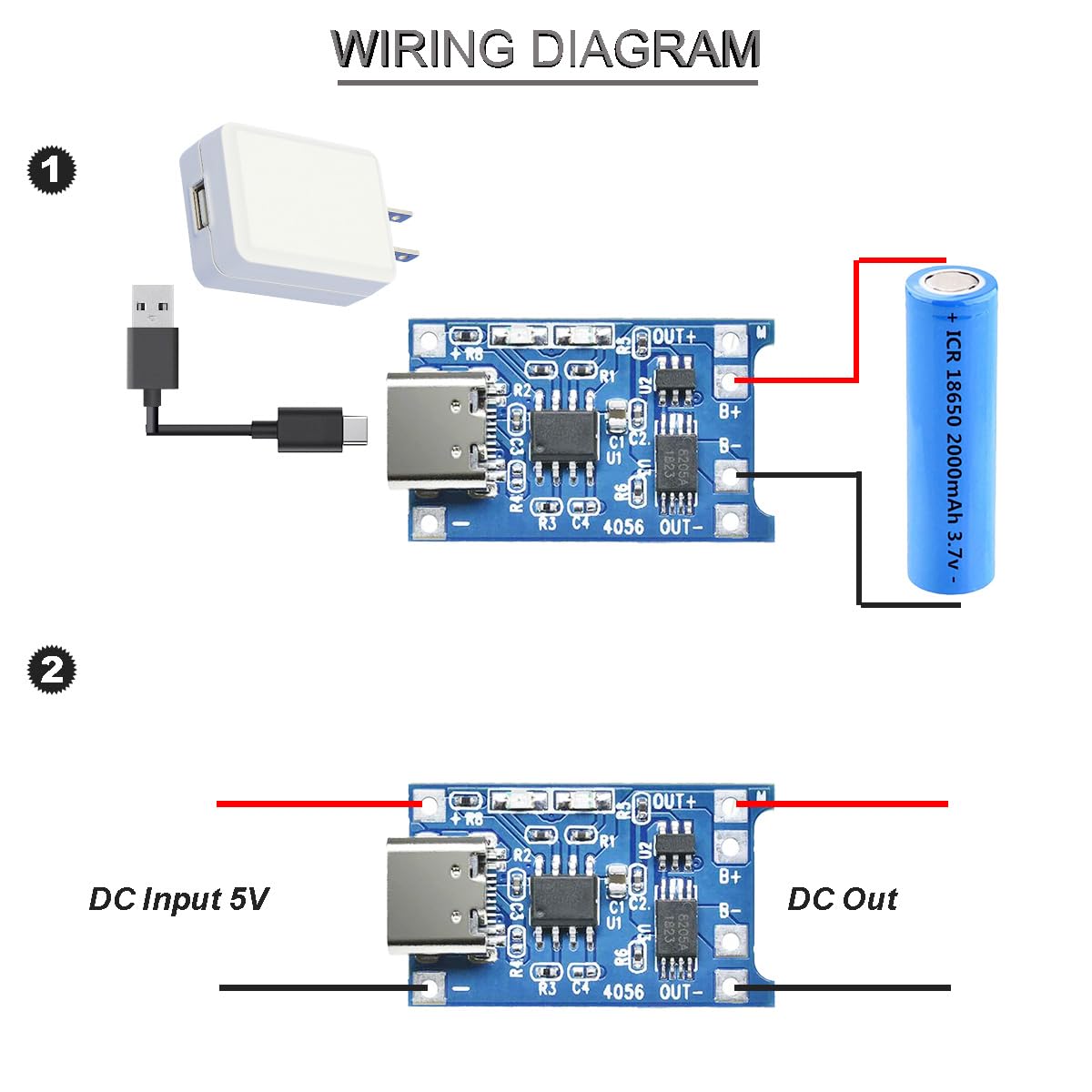 20 sztuk modułów ładowania baterii litowej 5 V 1 A moduł ładowania 18650 litowa płyta ładująca USB z funkcją ochrony z czerwonym i czarnym kablem 26AWG