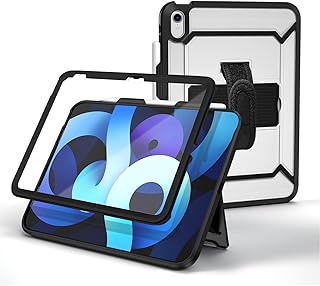 iPad 10th Generation Case Clear 2022, iPad 10.9 Inch Case with Built-in Screen Protector & Hand Strap, Pencil Holder & Kickstand, Black Frame & Transparent Back, Shockproof iPad 10th Gen Case