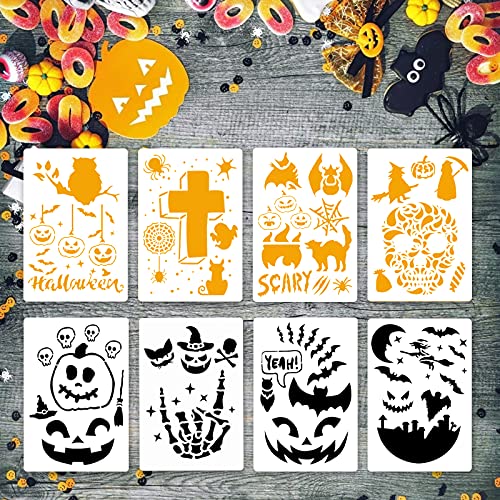 SUNYOK 8pcs Pochoirs Halloween Pochoir Plastique Réutilisable Motif Citrouille Chauve-souris Tête de Mort Modèle Dessin pour Enfant Décoration Mur Fenêtre Bois Verre