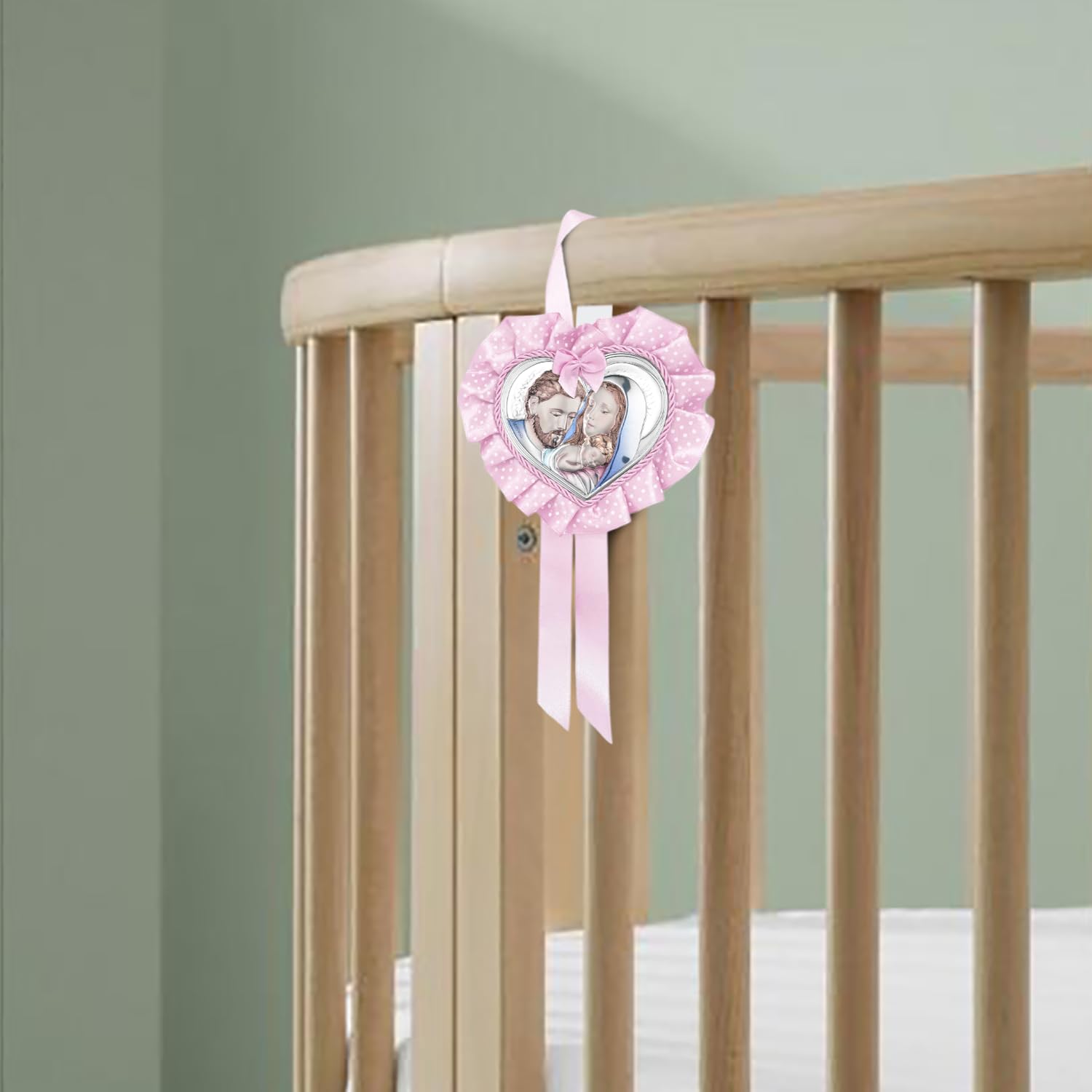 Albalù Sopraculla Medaglione Cuore Sacra Famiglia Rosa Argento Laminato Colorato - Misure 25x12cm Circa - Made in Italy Regalo Mamma e Bebe