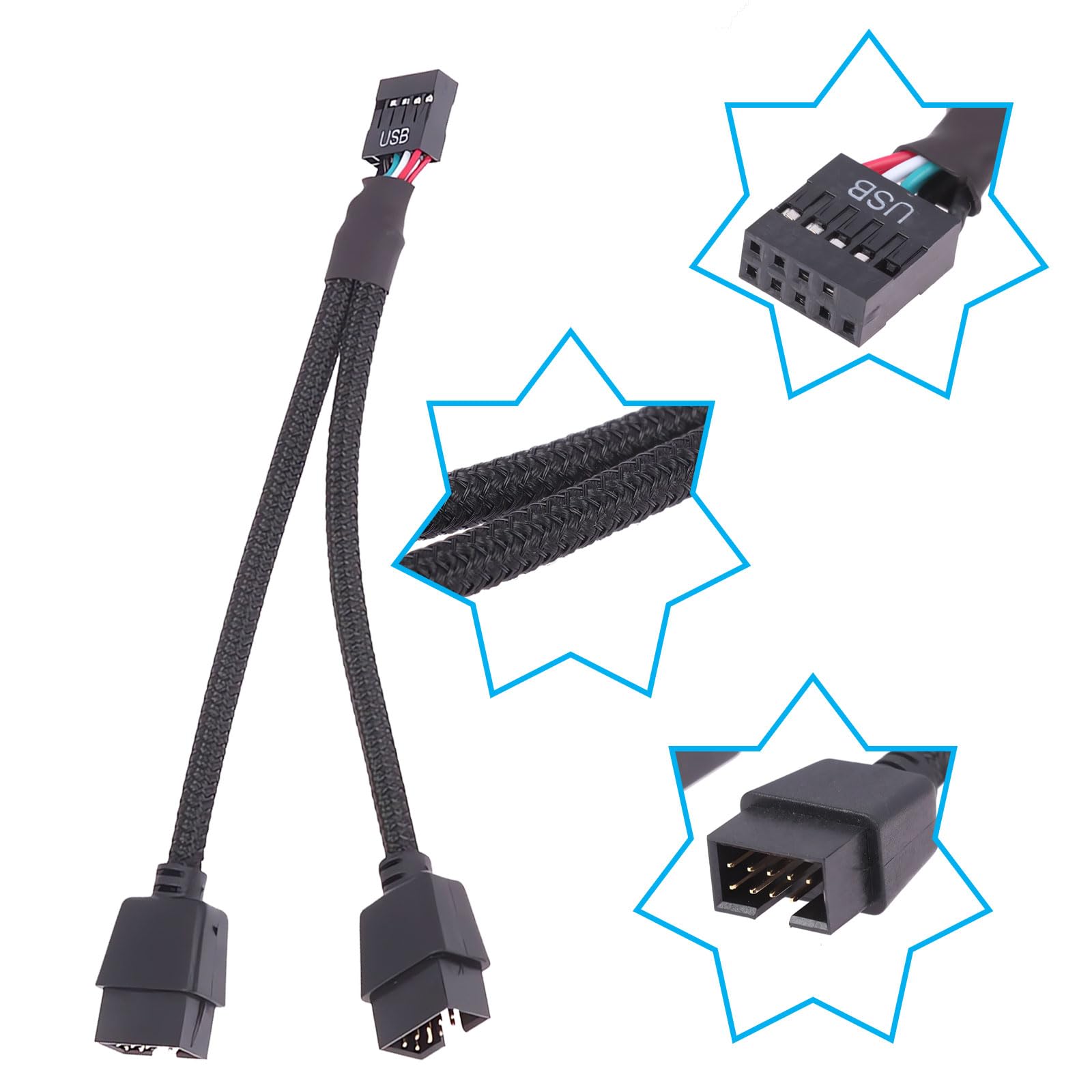 2x USB 2.0 9-Pin Y-Splitter Kabel – Für Motherboard, Abgeschirmt, Interne Verlängerung