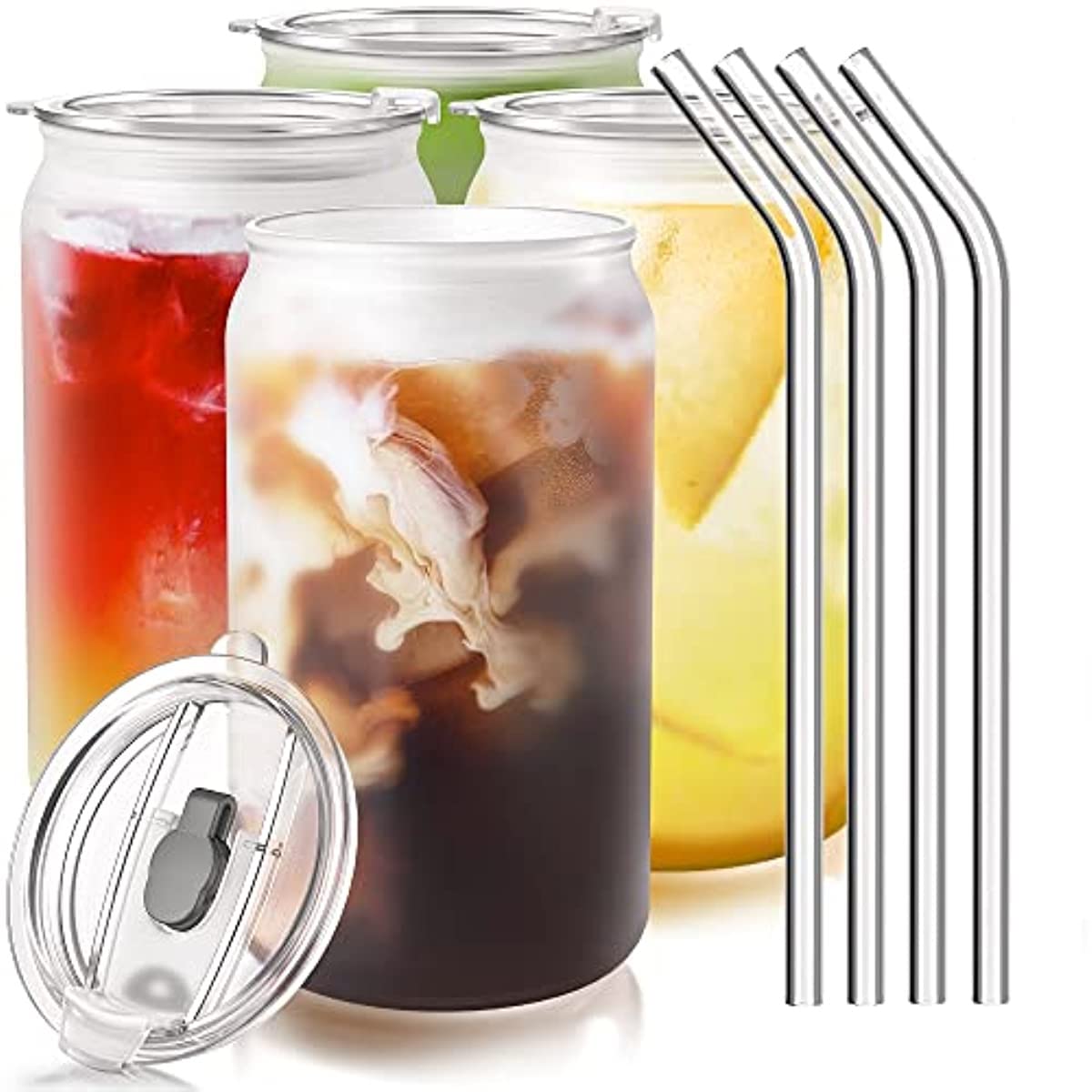 Glass Cups with Lid and Glass Straw, 350 ml Beer Can Shaped Cup, Clear Cups, Cute Tumbler Cup for Whiskey, Cocktail, Iced Coffee Gift- 2 pc, Clear.