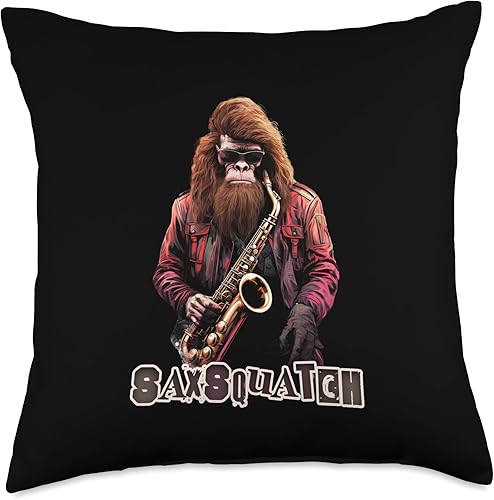 Bigfoot Believer Squatch Yeti Special Tee Co Sasquatch Tee Funny Bigfoot Playing Saxophone Player Throw Pillow, 18x18, Multicolor