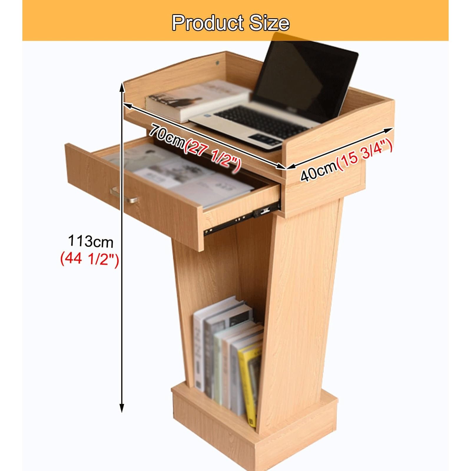 Pupitre en Bois, Support de Sol, pupitre d'église, Bureau avec tiroir de Rangement | Pupitre de présentation sur pied for hôtesse avec tiroir et rangement ouvert