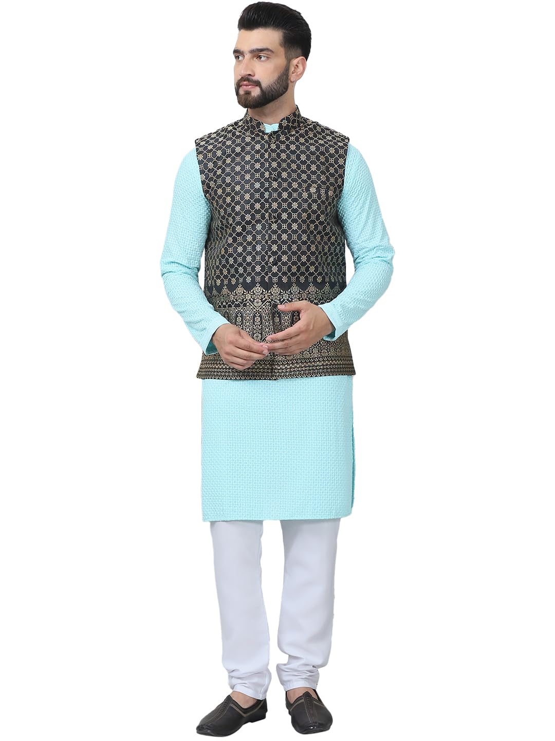 Sojanya (Since 1958 Men's Pure Cotton Sky Blue Kurta And White Pyjama With Black Nehru Jacket