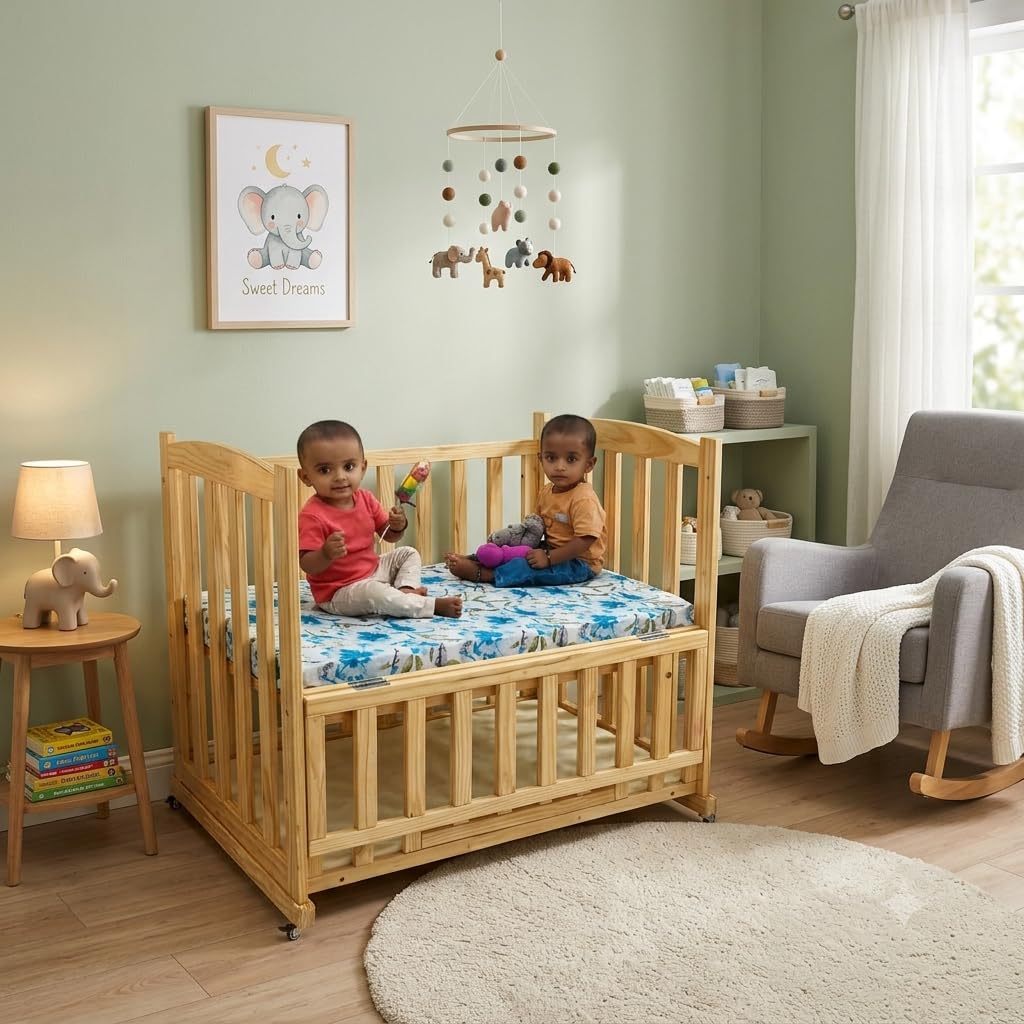 Keshav Wood Craft Wooden Baby Bed | Foldable Baby Crib with Adjustable Height | Solid Pine Wood | Safety Lock & Wheels | Polish Finish | Toddler Bed for 0–3 Years | Converted into a Sofa-image-36