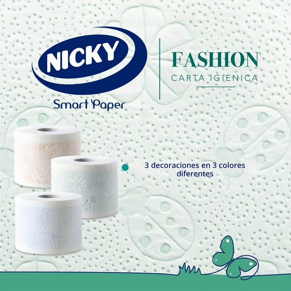 Nicky Fashion Papel higiénico de 4 capas, paquete de 36 rollos (3 x 12 rollos), 165 lágrimas por rollo, resistente decorada y suave en la piel, delicadamente perfumado con talco | 165 tiras por rollo, decoradas, resistentes y suaves sobre la piel, delicad