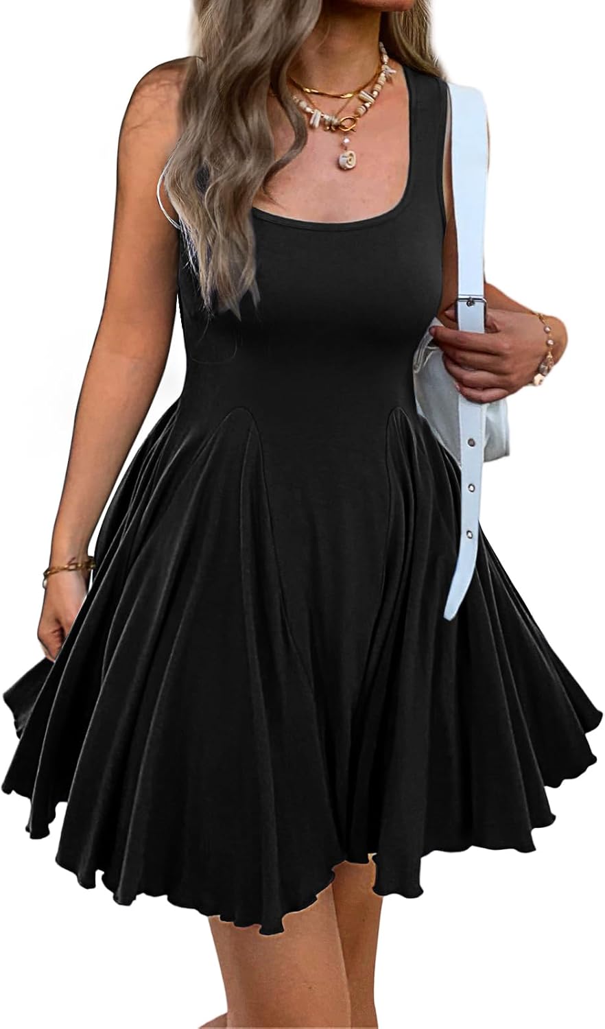 Women’s Sleeveless Fit and Flare Mini Dress Square Neck Stretch Casual Skater Dress...