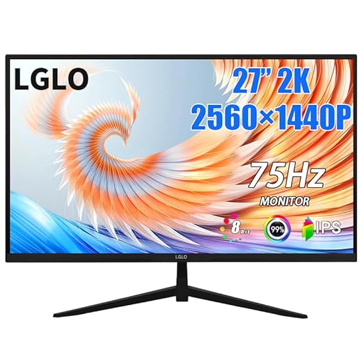 LGLO 27 Inch 2K QHD Frameless Computer Monitor, 1440P 75Hz 2ms Response Time, 99% sRGB & 178° Wide Viewing Angle, Built-in Speakers, HDMI & DP Ports, VESA Mountable