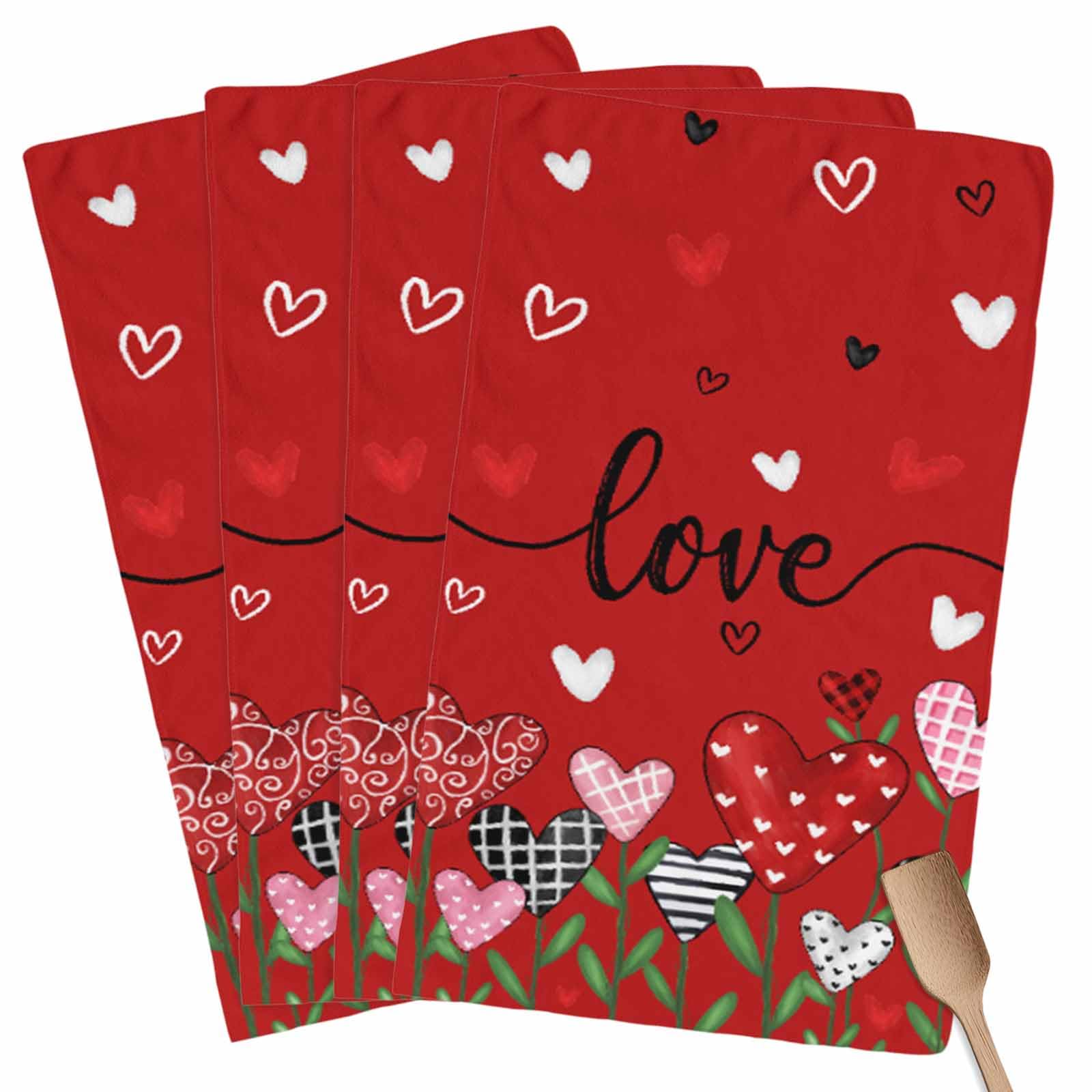 Valentines Kitchen Towels Love Heart Flower Hand Towels Black Red Valentines Day Dish Towel Soft Absorbent Quick Drying 4 Pack Dish Cloths 18x28 Inch Anniversary Wedding Decoration