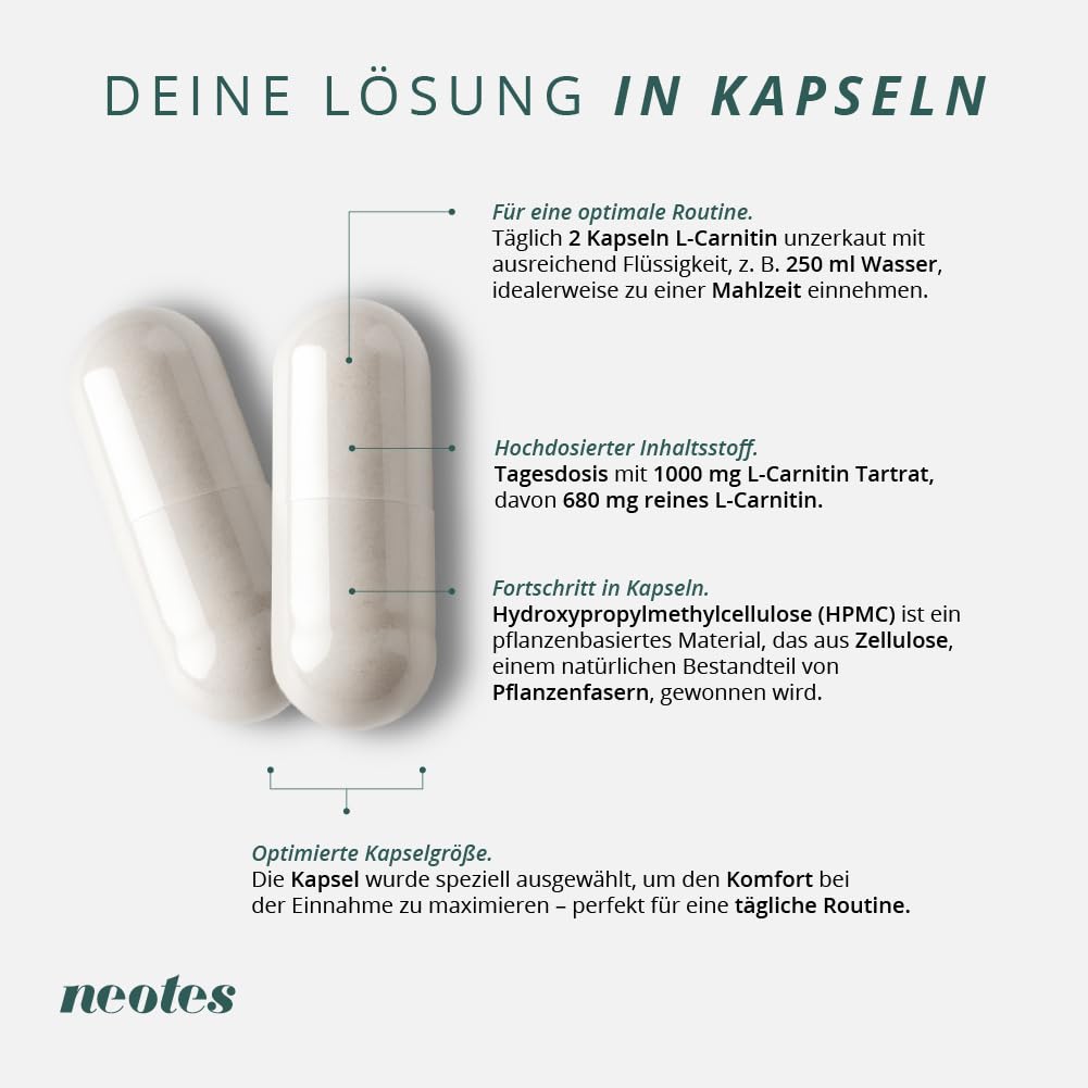 L-Carnitin Kapseln – 1000 mg L-Carnitin Tartrat pro Tagesdosis - Hochdosiert 180 Kapseln für 90 Tage – Vegan & Ohne Zusätze