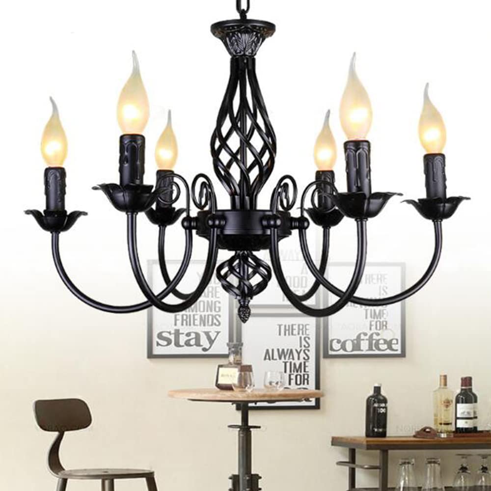 Lampa wisząca, klasyczny antyczny żyrandol, lampa świecowa E14, francuska lampa wisząca, retro czarna lampa, regulowana wysokość, styl wiejski, salon, kuchnia, jadalnia,