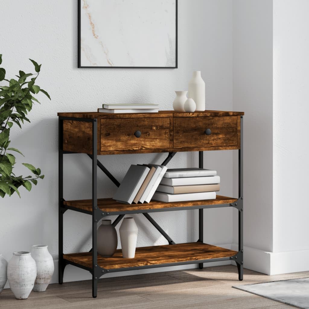 SXZenSpace Console Table Smoked Oak Small Side 75x34.5x75 cm Engineered Wood & Metal Frame Drawer Shelf Narrow Hallway for Living Room Bedroom Hall