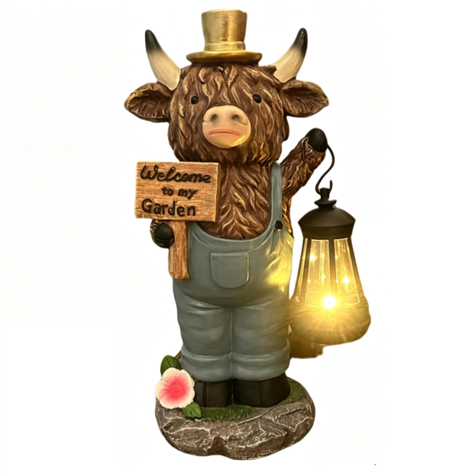 Solar Highland Cow Garden Statues Weatherproof Lawn Animal Figurine W/Solar Lantern Resin Cow Statue Yard Art Decoration for Garden Patio Lawn (A)