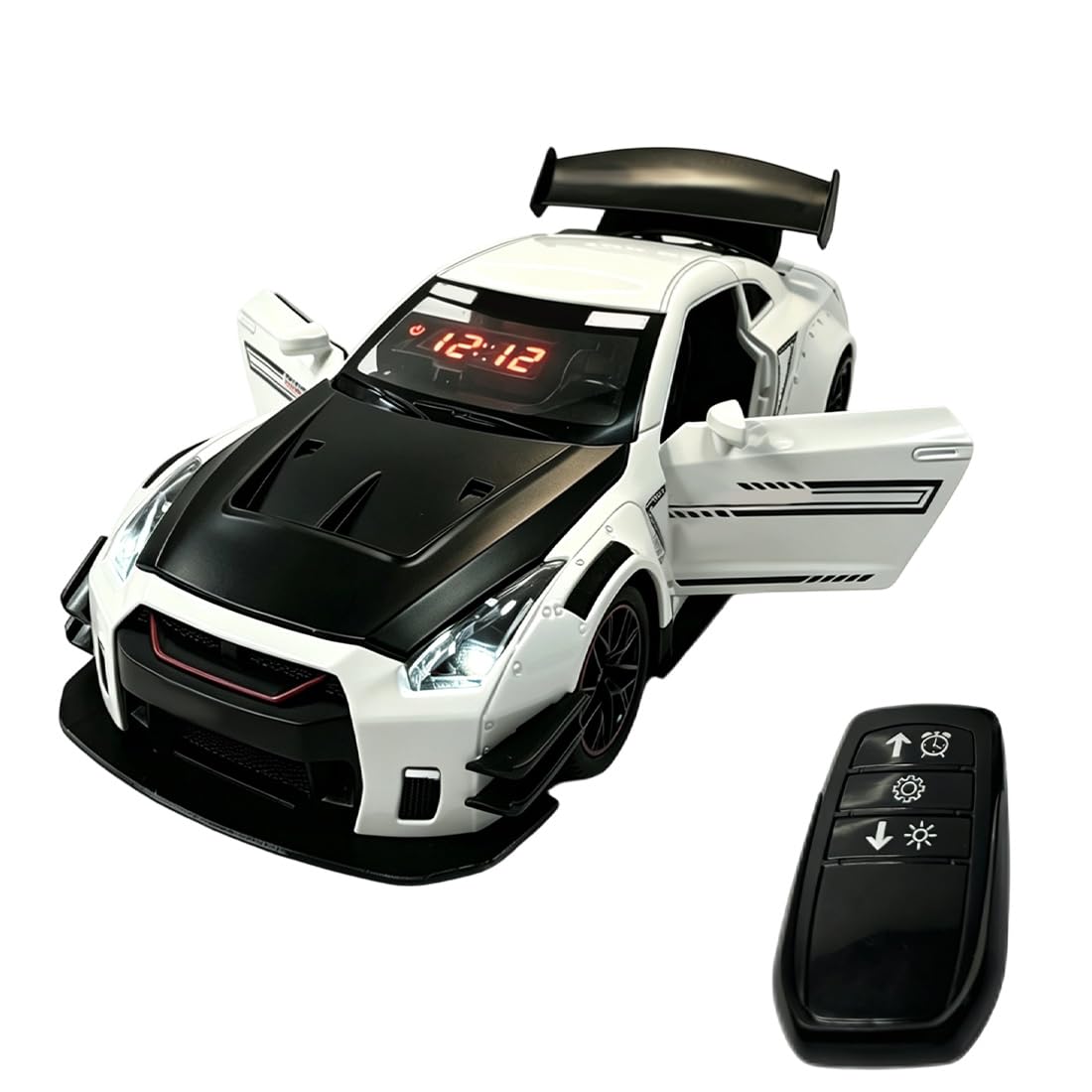 RCXTechPro RC Sports Car Alarm Clock, LED Digital Desk Clock With Engine Sound Effects, Remote Control, Spray & Lighting Effects Opening Doors/Hood/Trunk Desk Clock Decor For Adults -White