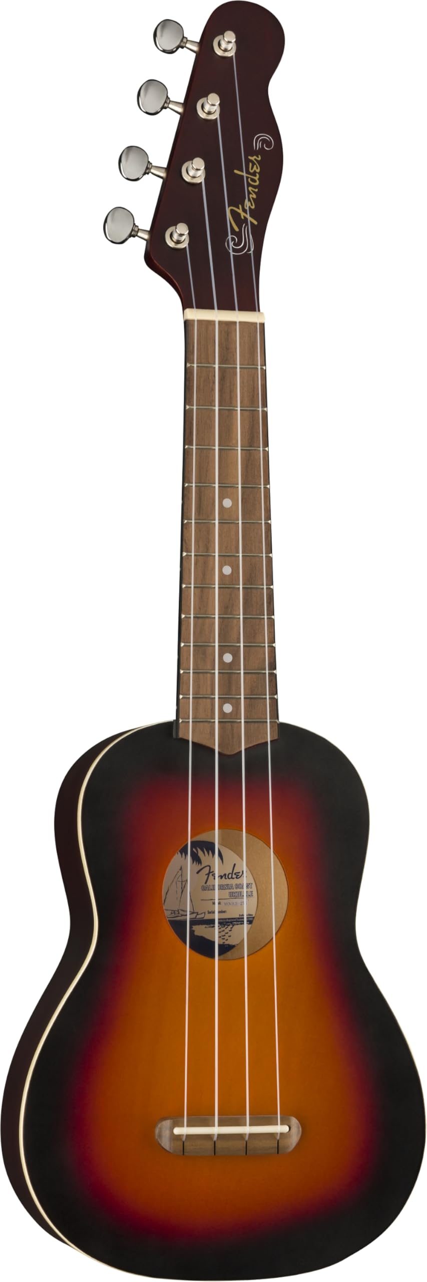 Fender California Coast Venice Ukulele Soprano, Sunburst a 2 Colori, Tastiera in Noce, Manico Slim C, Ponte Senza Nodi, Paletta Tele a 4-in-Linea