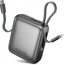 Basike Carregador Portátil 10000mAh, Mini Power Bank com Cabos Integrados, Carregamento Rápido 22.5W(MAX), Pequeno, Led Indicador de Bateria para iPhone/Samsung/Huawei/Xiaomi, etc (Cinza)