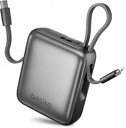 Basike Carregador Portátil 10000mAh, Mini Power Bank com Cabos Integrados, Carregamento Rápido 22.5W(MAX), Pequeno, Led Indicador de Bateria para iPhone/Samsung/Huawei/Xiaomi, etc (Cinza)