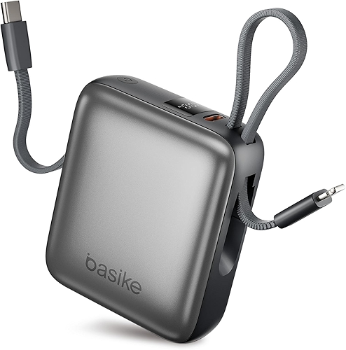 Basike Carregador Portátil 10000mAh, Mini Power Bank com Cabos Integrados, Carregamento Rápido 22.5W(MAX), Pequeno, Led Indicador de Bateria para iPhone/Samsung/Huawei/Xiaomi, etc (Cinza)