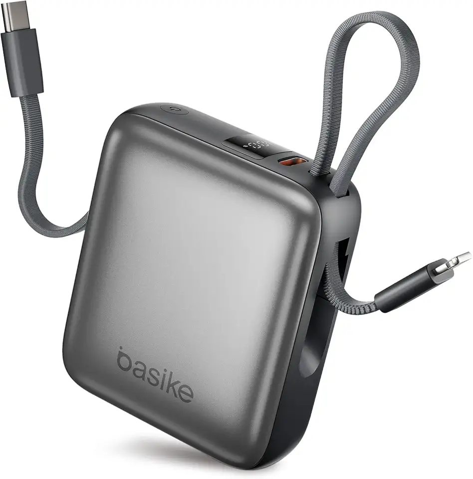 Basike Carregador Portátil 10000mAh, Mini Power Bank com Cabos Integrados, Carregamento Rápido 22.5W(MAX), Pequeno, Led Indicador de Bateria para iPhone/Samsung/Huawei/Xiaomi, etc (Cinza)