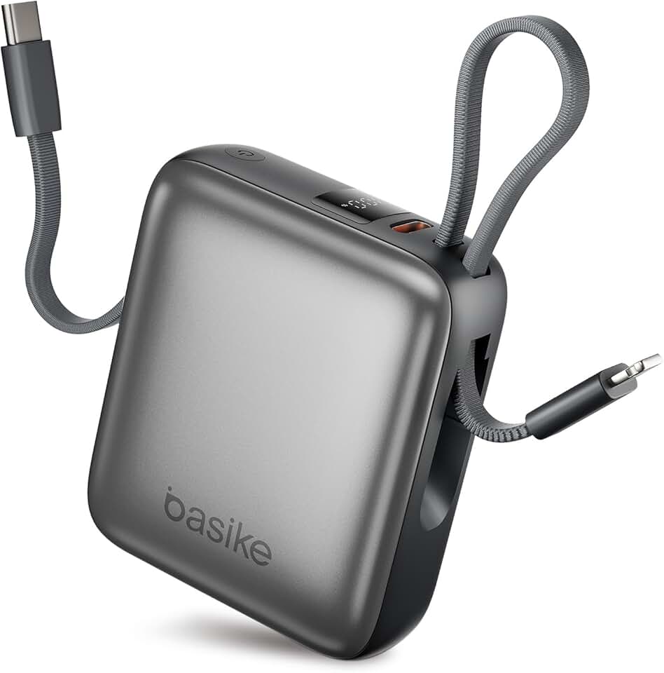 Basike Carregador Portátil 10000mAh, Mini Power Bank com Cabos Integrados, Carregamento Rápido 22.5W(MAX), Pequeno, Led Indicador de Bateria para iPhone/Samsung/Huawei/Xiaomi, etc (Cinza)