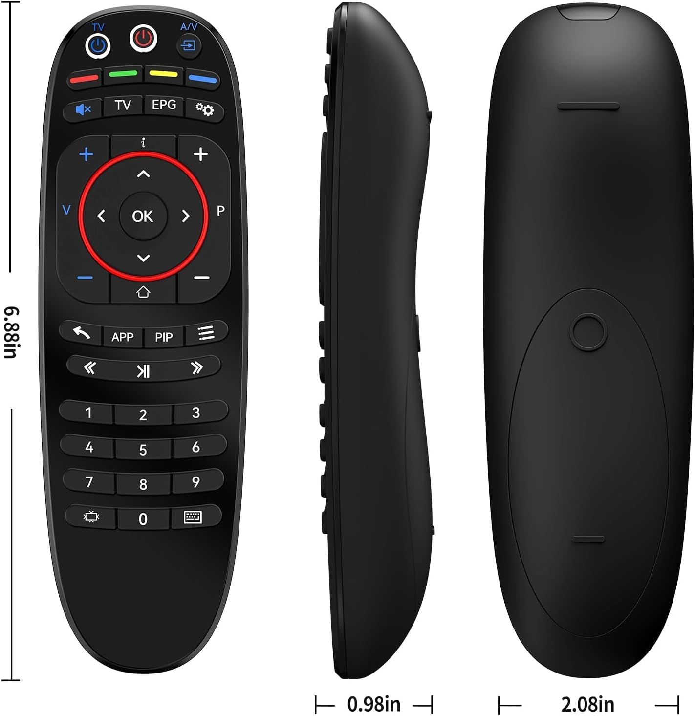 Image showing the dimensions of the remote control: length, width, and thickness