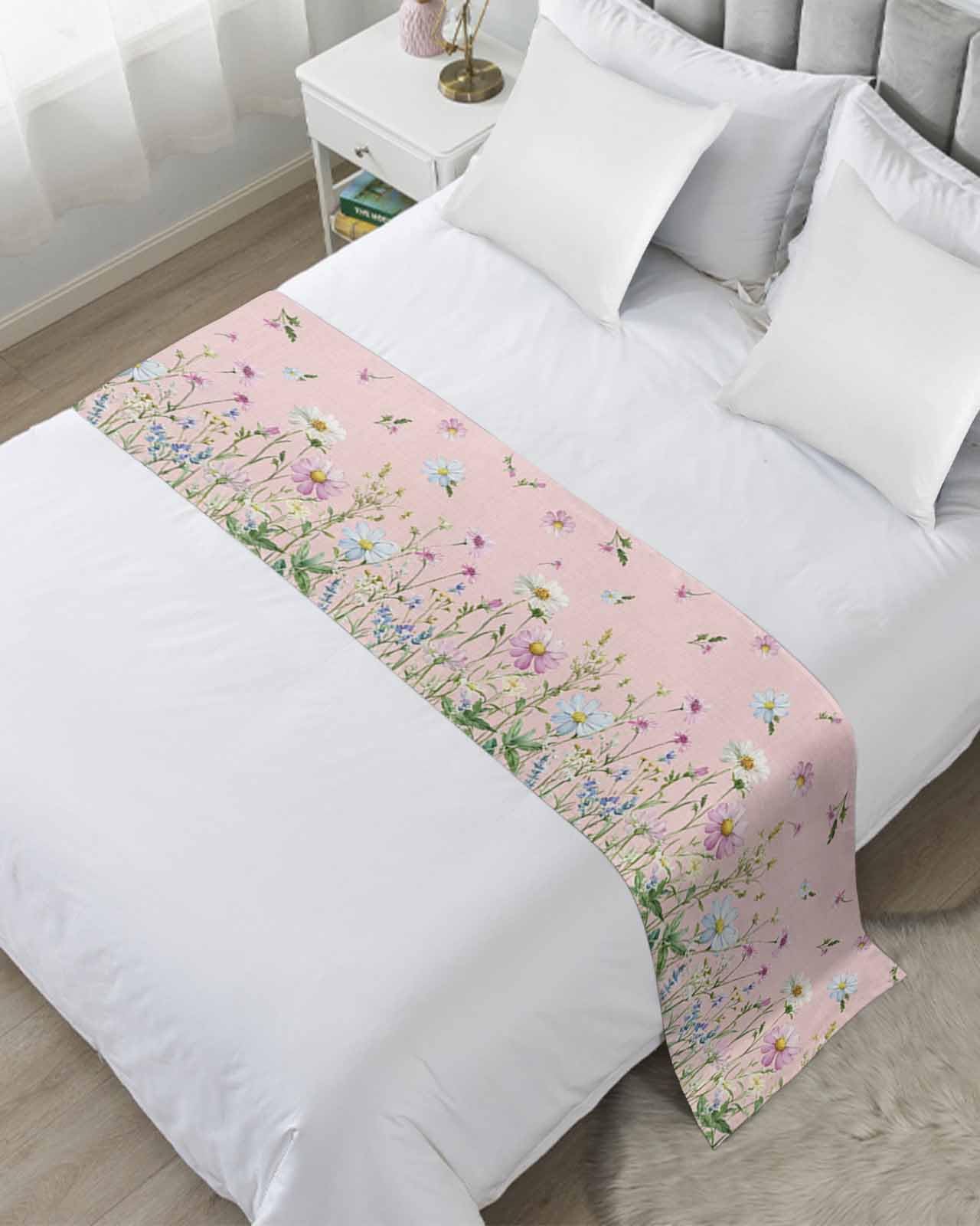 Flower Pink Bed Runner Scarf for Cal King Size Bed Foot,Decorative Bedding Accessory Stainproof & Dustproof Soft Protector for Bedroom Blue Pink Daisy Wildflower Floral Botanical 102
