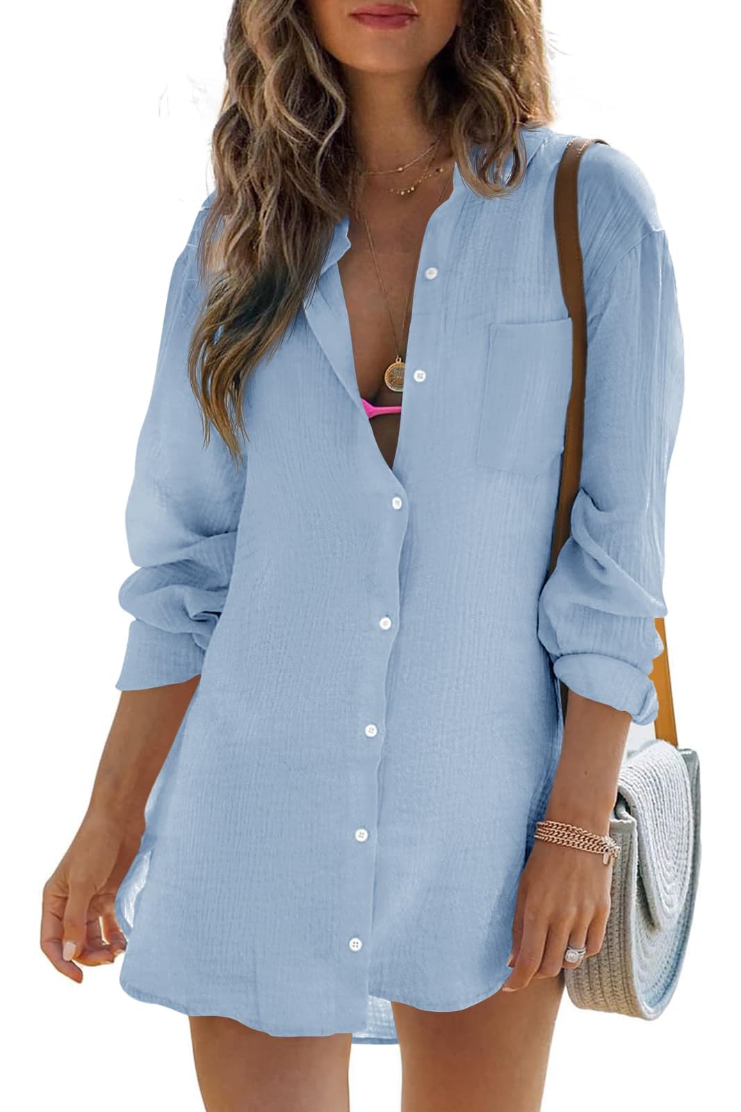 Cicy Bell Damen Langärmel Bluse Sommer Musselin Tops Baumwolle Casual Button Down Shirt Kleid Tops Loose Tunica Strandkleid Bikini Cover Up(Blau,XL)